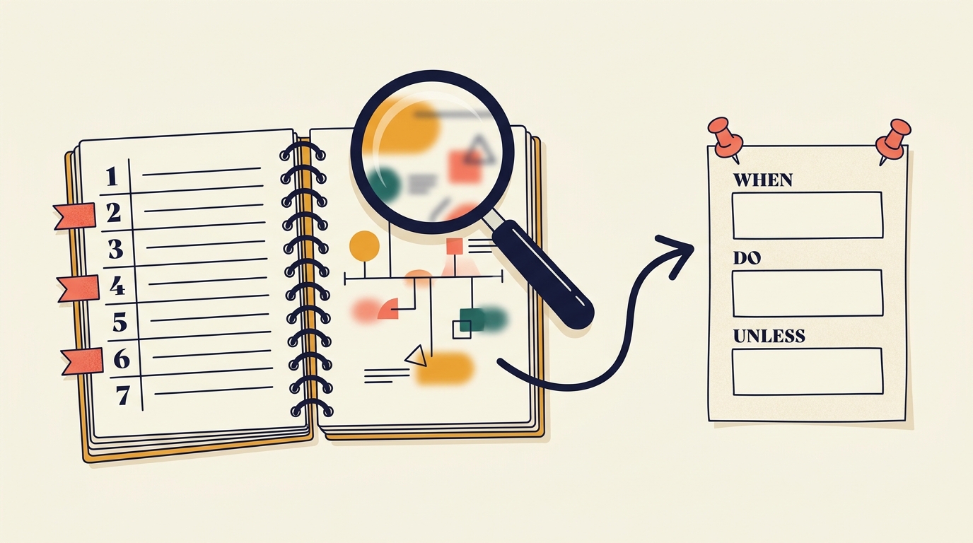 Pixel-art notebook on a desk: a numbered timeline runs down the left page with amber decision-point flags, a magnifying glass hovers above it, and an arrow points to a pinned index card with WHEN / DO / UNLESS fields.